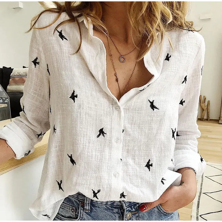 Cathy | Relaxed Bird-Print Button-Up Blouse