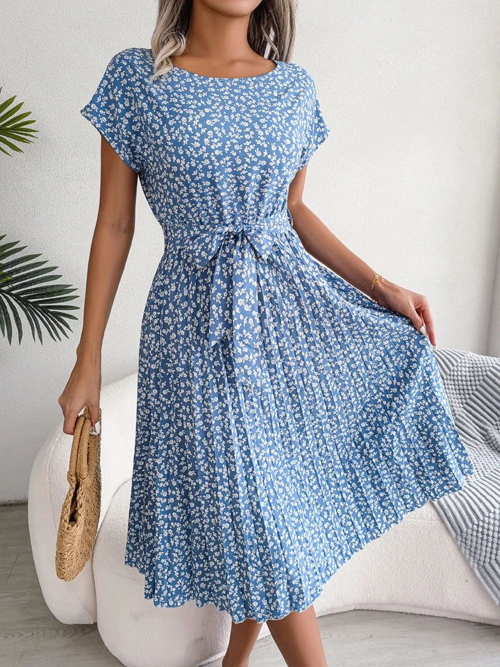 Isabelle | Pleated Floral Dress with Tie