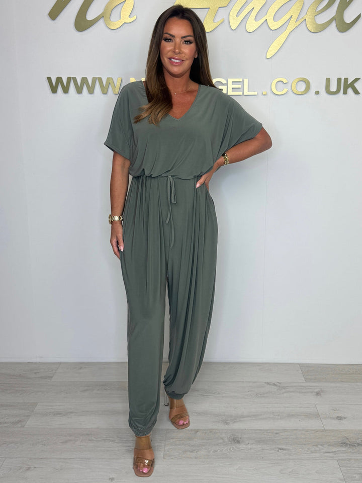 2025 Cotton jumpsuit with V-neck and tie belt