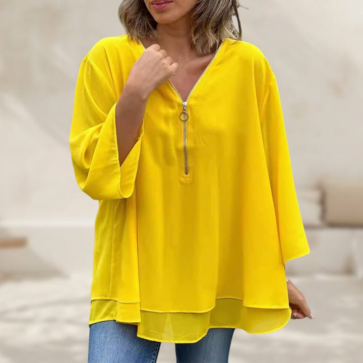 Melanie | Chiffon Zipper Top With V-neck